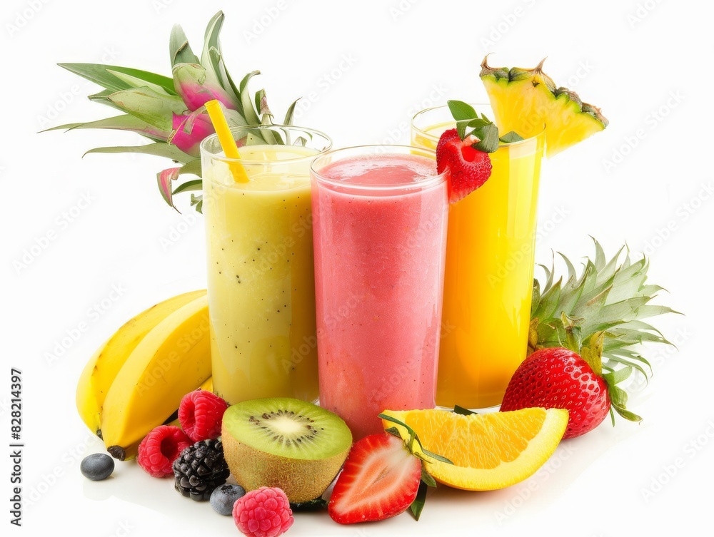 Smoothie with mixed tropical fruits in a clear glass, placed on an isolated white background, showcasing vibrant colors and freshness Smoothie with mixed tropical fruits in a clear glass, placed on an isolated white background, showcasing vibrant colors and freshness
