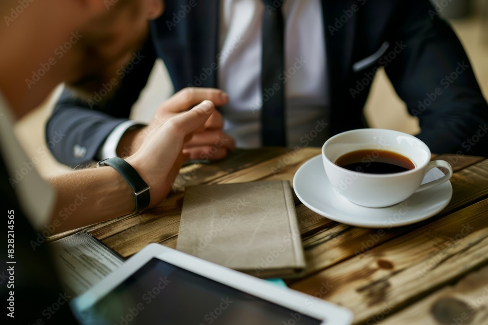 A businessman in a suit with a tablet talking to customers and a meeting with a woman in the morning is a successful business idea. The businesswoman is making a sales pitch. A businessman in a suit with a tablet talking to customers and a meeting with a woman in the morning is a successful business idea. The businesswoman is making a sales pitch.