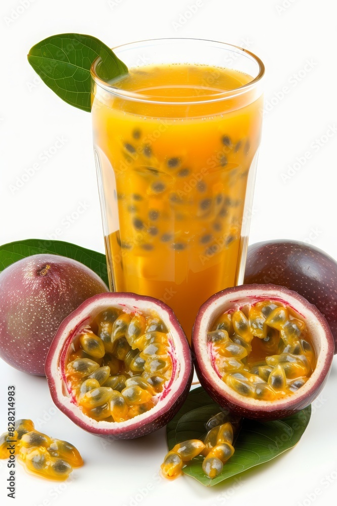 Passion fruit juice in a clear glass with whole and sliced passion fruits placed around, isolated on a pristine white background Passion fruit juice in a clear glass with whole and sliced passion fruits placed around, isolated on a pristine white background