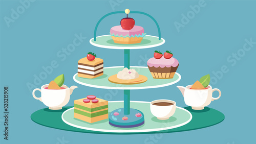 A quaint tea party with delicate finger sandwiches and miniature scones served on a threetiered dessert stand.. Vector illustration