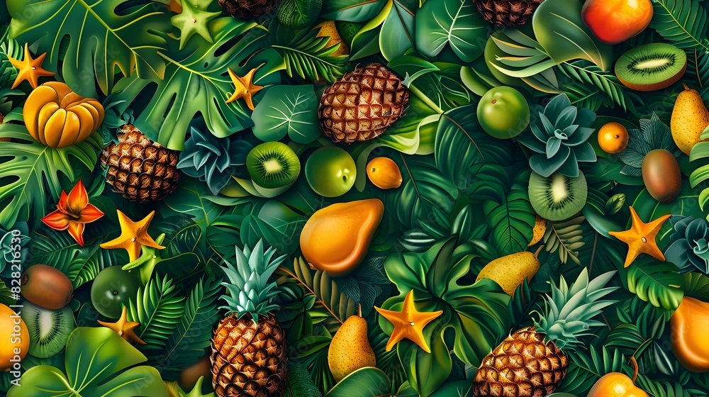 Obraz premium Lush Tropical Foliage Surrounding a Bountiful Assortment of Vibrant Fruits