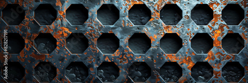Abstract industrial metal texture with rust and octagonal cutouts. Geometric pattern background.