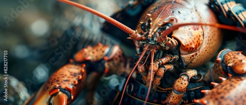 A closeup charismatic half body of a lobster in a samurai armor, training with a holographic sword, in a dojo with a blurry background, Sharpen banner with copy space photo