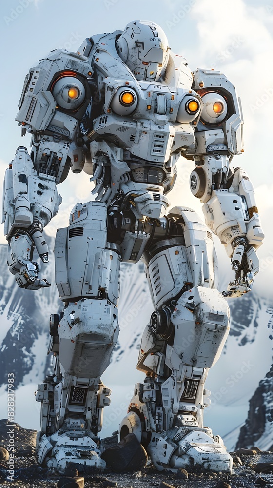 Imposing Mech Warrior with Reinforced Chassis and Crystalline Energy Cores on Volcanic Island Backdrop Imposing Mech Warrior with Reinforced Chassis and Crystalline Energy Cores on Volcanic Island Backdrop