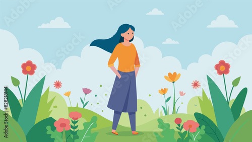 A woman stands in a peaceful meadow foot on the soft grass as she envisions herself surrounded by a field of vibrant flowers and letting go of all tension and stress.. Vector illustration