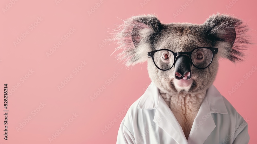 A koala in a lab coat and glasses, standing against a solid pink background with copy space