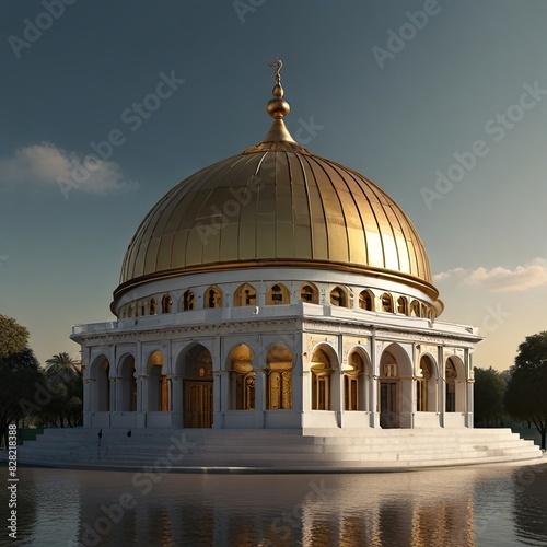 A white and gold building with a gold dome  a digital rendering by Kamal ud-D  n Behz  d