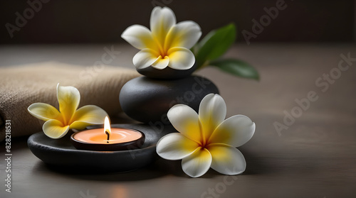 spa still life with Spa stone and flowers with candle and bright yellow flowers.
