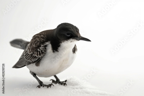  Black and white bird perched gracefully, isolated against a stark white snowy background. © kristina