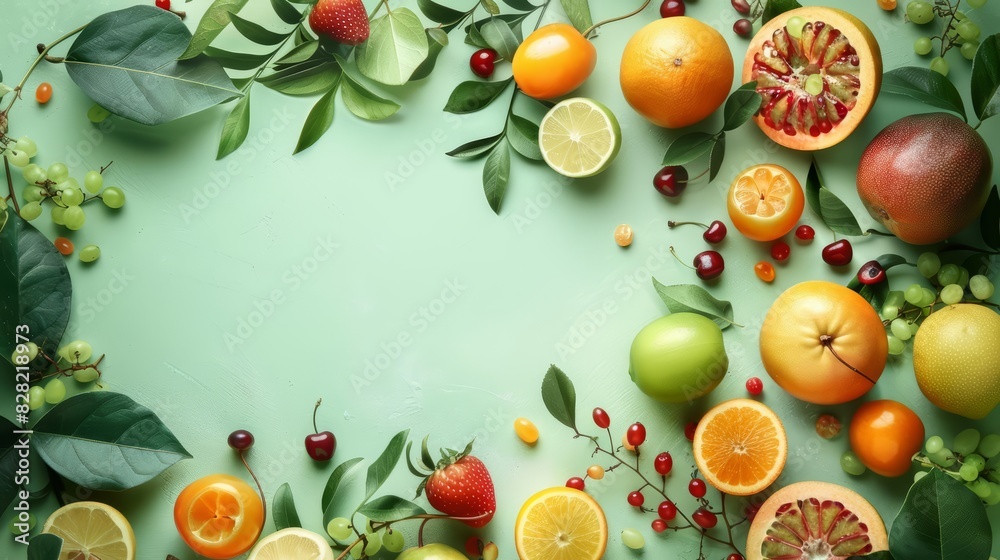A variety of fresh fruits and leaves arranged at the top of a light green background Closeup