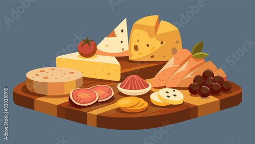 An assortment of artisanal cheese and charcuterie arranged on a rustic wooden board with dried fruits nuts and crackers.. Vector illustration