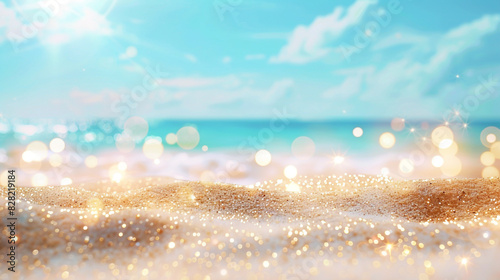 Golden sandy beach under a pastel sky with serene bokeh lights.