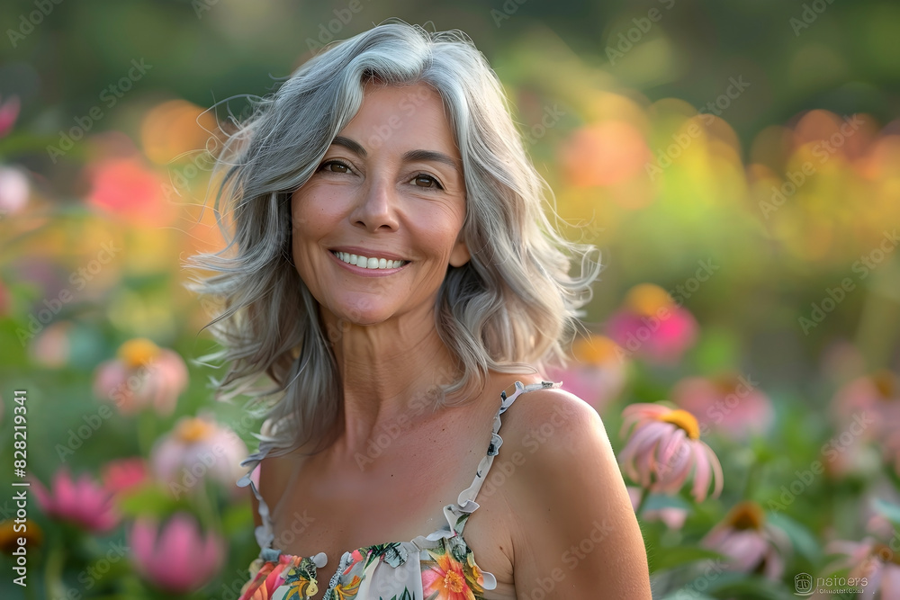 Radiant Middle-Aged Woman in Floral Sundress Surrounded by Lush Garden Blooms Radiant Middle-Aged Woman in Floral Sundress Surrounded by Lush Garden Blooms