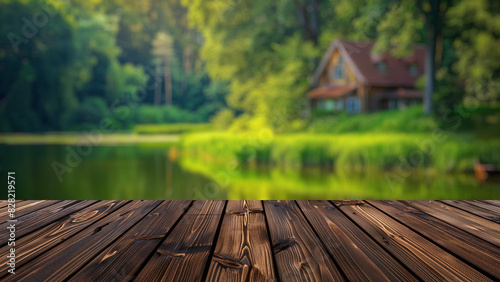 Empty wood table top with blur background of lake nature and park. The table giving copy space for placing advertising product on the table along with beautiful lake nature with mountain background.