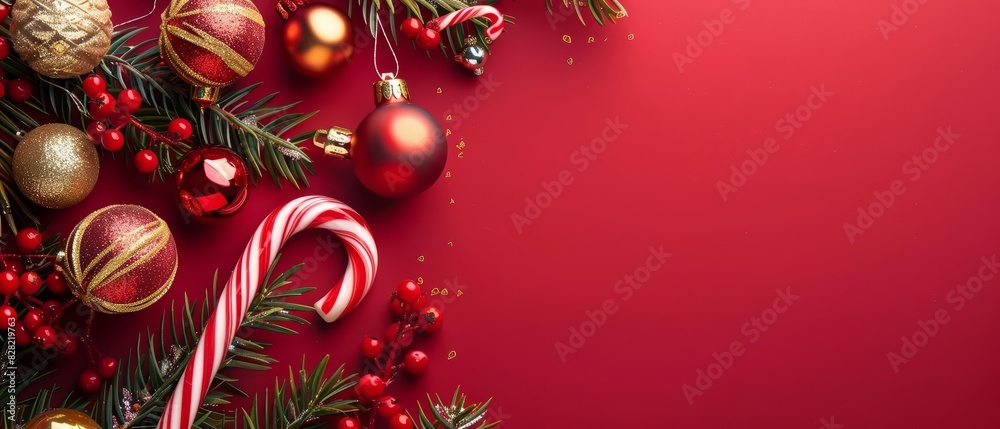 Christmas border with candy canes, red and gold ornaments, and pine branches on a red background Closeup Christmas border with candy canes, red and gold ornaments, and pine branches on a red background Closeup