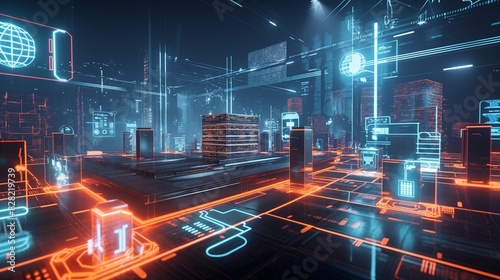 A virtual reality simulation of a cyber attack on a digital city  with defensive protocols activating glowing barriers and traps.