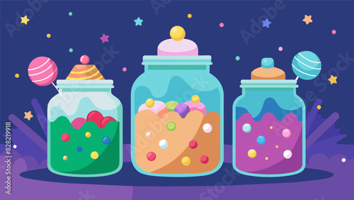 Jars filled with colorful candies and edible glitter add a pop of fun to the cupcake decorating party.. Vector illustration
