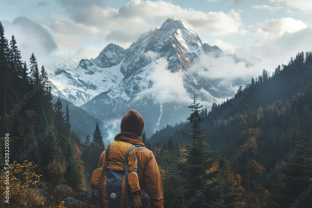 Exploring the forest ridge, a backpacker gazes at the majestic mountain peak, close up Exploring the forest ridge, a backpacker gazes at the majestic mountain peak, close up
