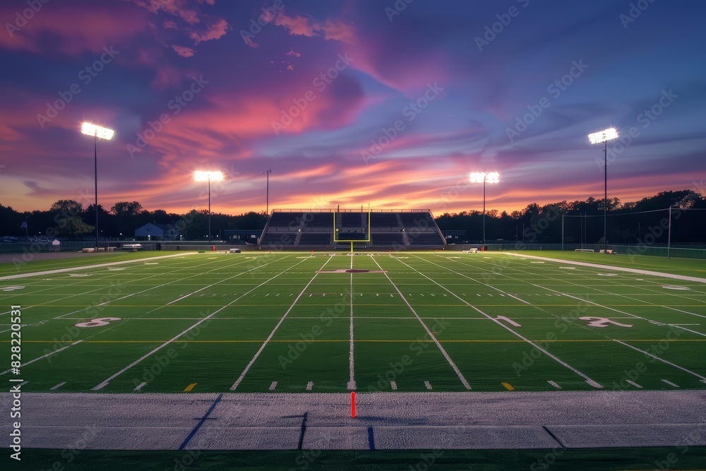 Fototapeta premium Football stadium at dusk, with bright stadium lights and a green field