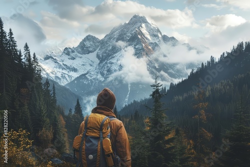 Exploring the forest ridge, a backpacker gazes at the majestic mountain peak, close up