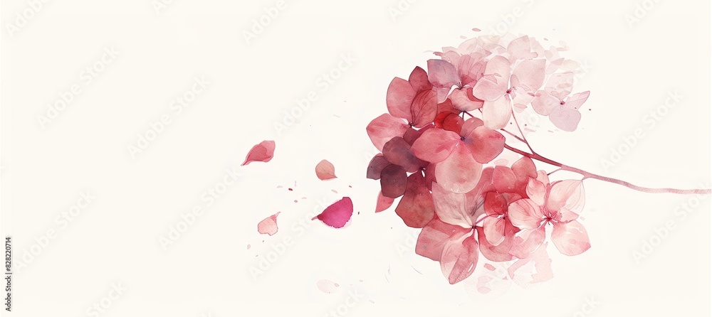 A watercolor illustration featuring a simple drawing of a single red hydrangea flower on a white background.