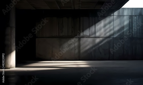 A stark and striking chiaroscuro scene concrete environment fades into an abyss as a direct beam, Ai generated