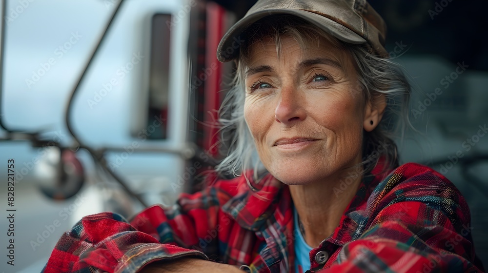 Weathered Portrait of a Female Long-Haul Trucker Reflecting Years of Experience and Strength Weathered Portrait of a Female Long-Haul Trucker Reflecting Years of Experience and Strength