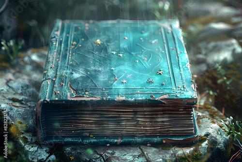 Weathered Leather-Bound Book Unlocks Hidden Fantastical Realm with Whimsical Characters and Floating Platforms in Pastel Digital Painting © lertsakwiman