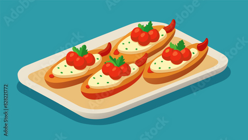 A tray of crispy crostini topped with creamy hummus roasted red peppers and a sprinkle of herbs.. Vector illustration