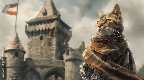Brave Feline Knight Guarding Medieval Castle