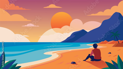 A secluded beach with only one person sitting on the sand watching the sun rise over the horizon.. Vector illustration