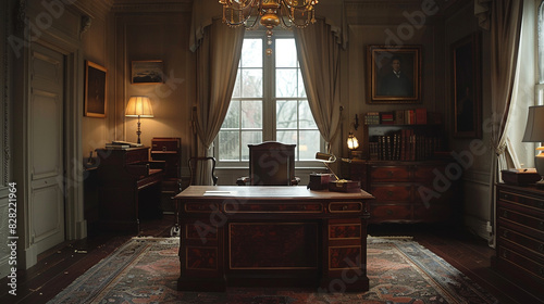 A mahogany desk sits at the center of the room, bathed in soft lamplight.
