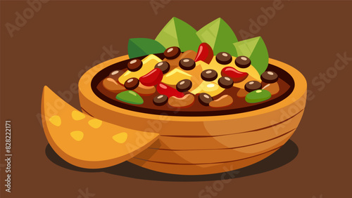 A rustic wooden bowl of chunky roasted corn and black bean salsa accompanied by a bowl of freshly fried corn chips.. Vector illustration