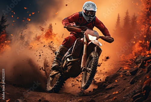 Thrilling Motocross Ride Through Forest at Sunset