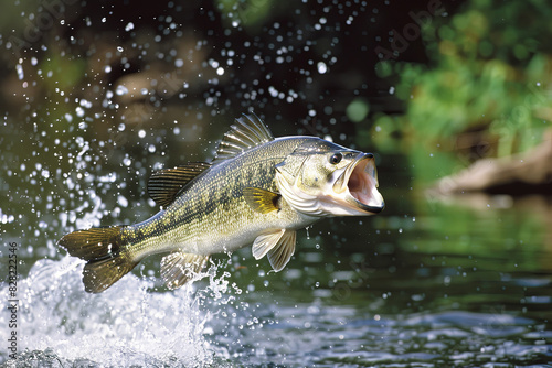 Large mouth bass leaping out of water, displaying fishing excitement