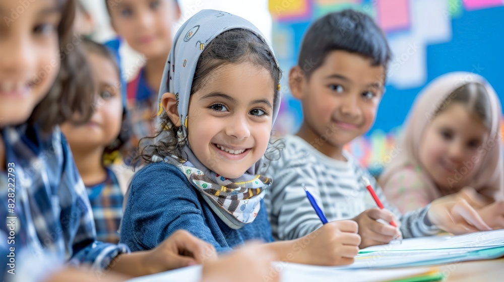 Diverse Classroom of Smiling Children Engaged in Group Learning Project with Teacher Assistance Diverse Classroom of Smiling Children Engaged in Group Learning Project with Teacher Assistance