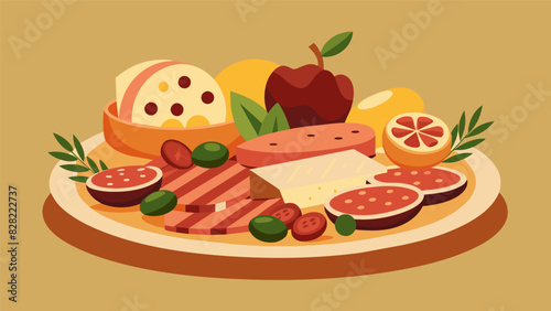 An Italianinspired masterpiece featuring an assortment of cured meats flavorful cheeses and marinated olives on a decorative platter.. Vector illustration