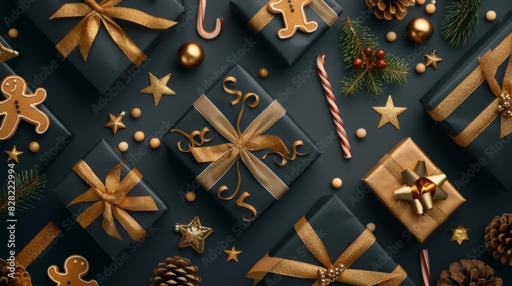 Top view of black and gold gift boxes with gold ribbons, gingerbread men, candy canes, pine cones, stars, and baubles arranged diagonally on a dark background Closeup Top view of black and gold gift boxes with gold ribbons, gingerbread men, candy canes, pine cones, stars, and baubles arranged diagonally on a dark background Closeup