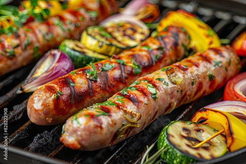 Grilled sausages with herbs and vegetables on grill plate, enticing meal photo