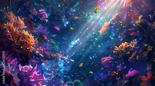 Create a high-angle view of cosmic rays piercing through a galaxy, illuminating a vibrant coral reef inhabited by whimsical elves © Kanakorn