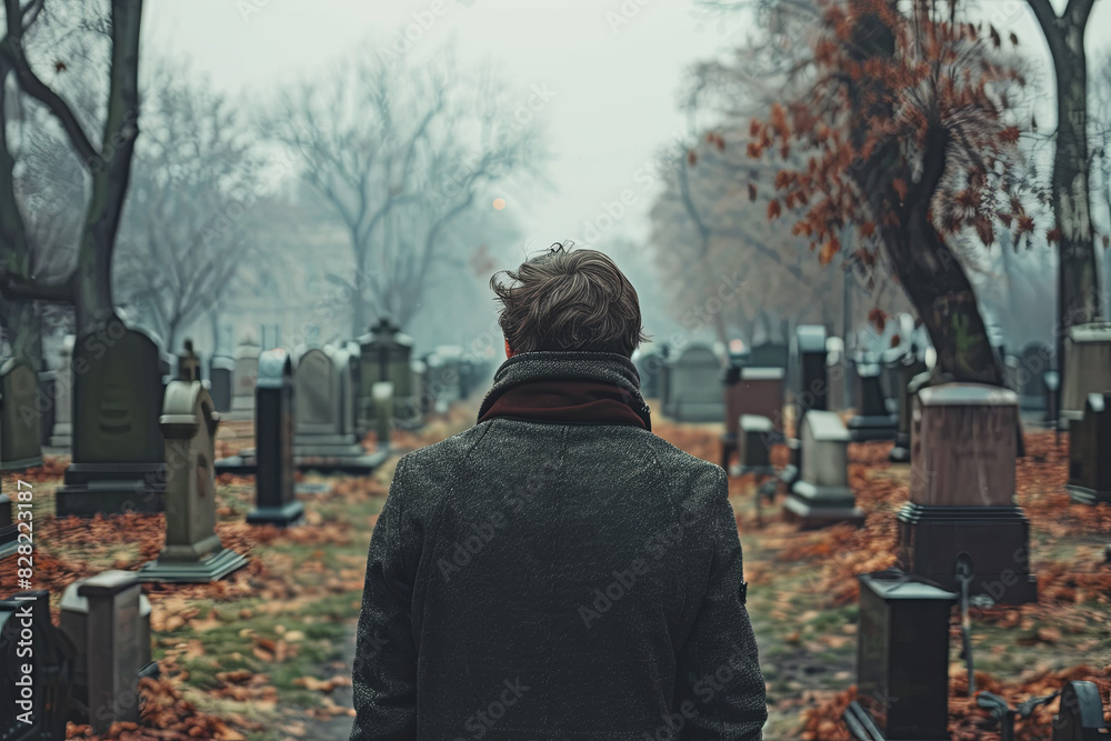 Sad person visiting cemetery alone, depicting grief and loneliness Sad person visiting cemetery alone, depicting grief and loneliness