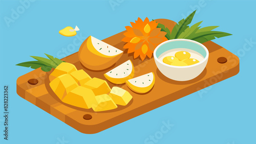 A refreshing tropical snack board filled with juicy mango chunks creamy coconut bites tangy pineapple wedges and a sprinkle of toasted coconut flakes. Vector illustration