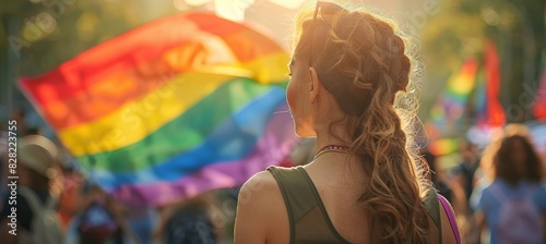 Back view blonde woman at LGBT pride festival march. Generative AI technology.	
