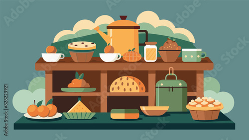 A rustic farmhousestyle kitchen island filled with a variety of pies and tarts ready to be enjoyed with a cup of hot tea or coffee.. Vector illustration