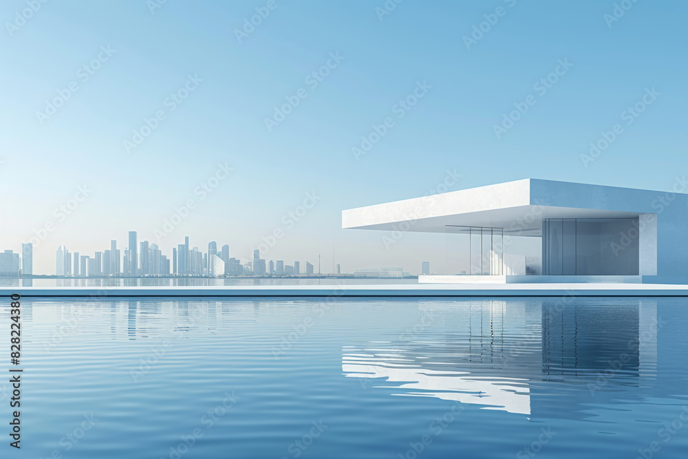 Modern buildings by the lake. The modern urban skyline is in the background.
Modern buildings by the lake. The modern urban skyline is in the background.