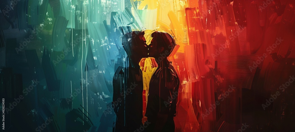 Fototapeta premium Gay couple kissing romance on colorful paint background. LGBT pride gender equality. Generative AI technology.