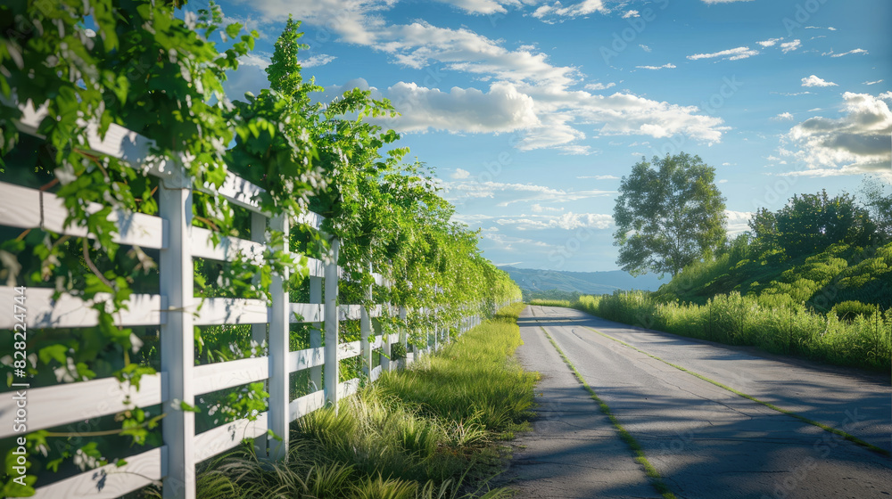 Naklejka premium White fence along the road in countryside