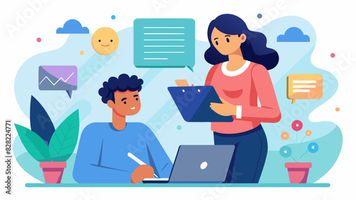 A young professional eagerly takes notes as her digital wellness coach shares tips for managing technology overwhelm and avoiding burnout.. Vector illustration