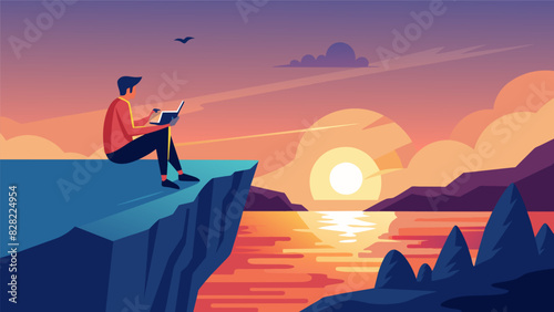 As the sun sets over the horizon a person can be seen journaling on a picturesque cliff the sound of crashing waves below aiding in their selfdiscovery.. Vector illustration