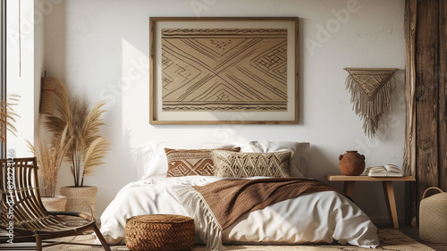 .A photograph of a tribal-inspired art print hanging in a bohemian bedroom photo